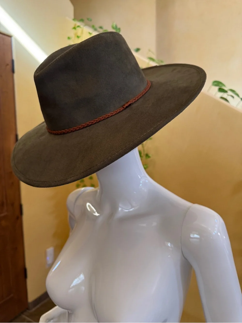 Wide Brim Suede-look Fedora with Braided Trim - Olive Green